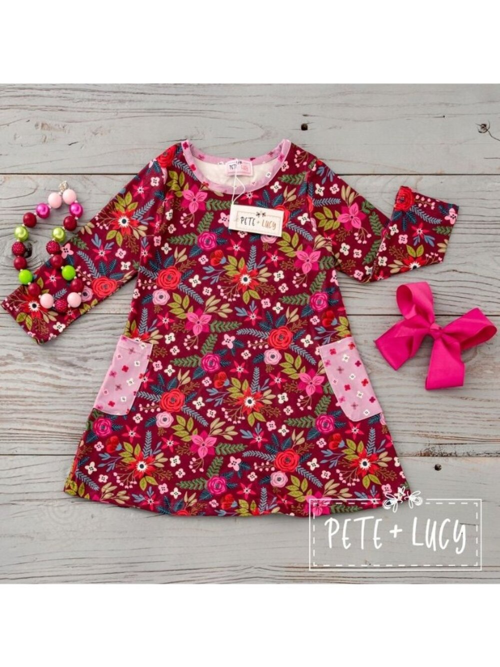 Pete + Lucy Dress 4T Folkloric Floral Purple Plum Long Sleeve Girls Baby Dress